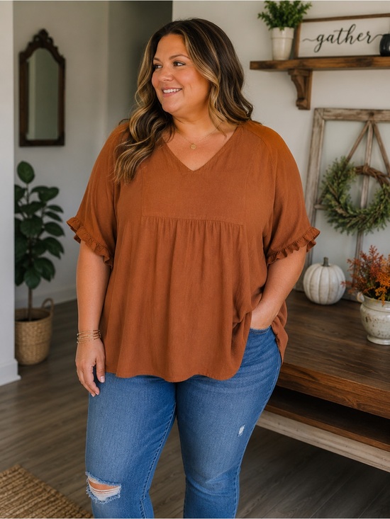 Andree Tops - Andrée by Unit 1X Rust Dolman Sleeve Boho Rayon Blouse Relaxed V-Neck Top